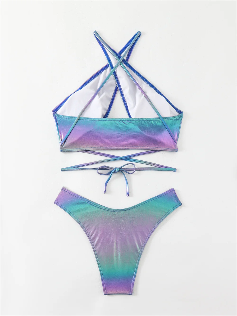 Sexy String Extreme Bikini Shiny Gradient Y2K Swimsuit Cross Bandage Backless Micro Bikinis Vacation Swimwear Women Beach Outfit