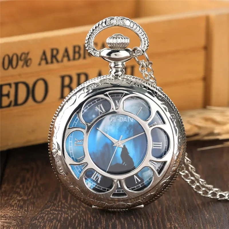 Silver Hollow Out Flower Case Roman Number Quartz Analog Pocket Watch for Men Women Necklace Sweater Chain Collectable Watches