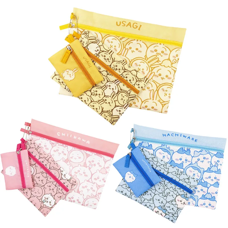 3pcs Anime Chiikawa Hachiware Kawaii Document Storage Bag Cartoon Usagi Zipper Stationery Pen Bag Change Cosmetic Bag Gift Set