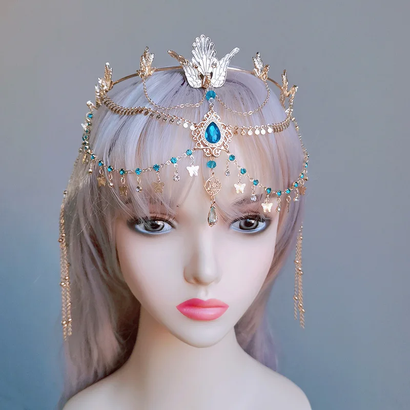 Exotic Style Blue Tassel Tuinga Crown Bana Headdress for Taking Photos Western Region Forehead Ornament Hair Accessories