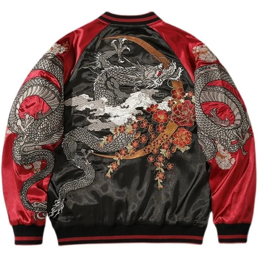 2024 Chinese Loong Embroidery Baseball Jacket Men's and Women's Jacket China-Chic Heavy Industry Popular Color Contrast Chinese