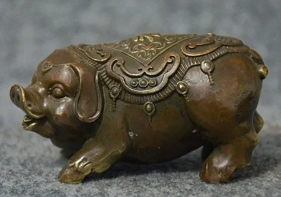 Folk China Bronze Copper Wealth Zodiac Year Cai Fu Happy Pig Statue Sculpture