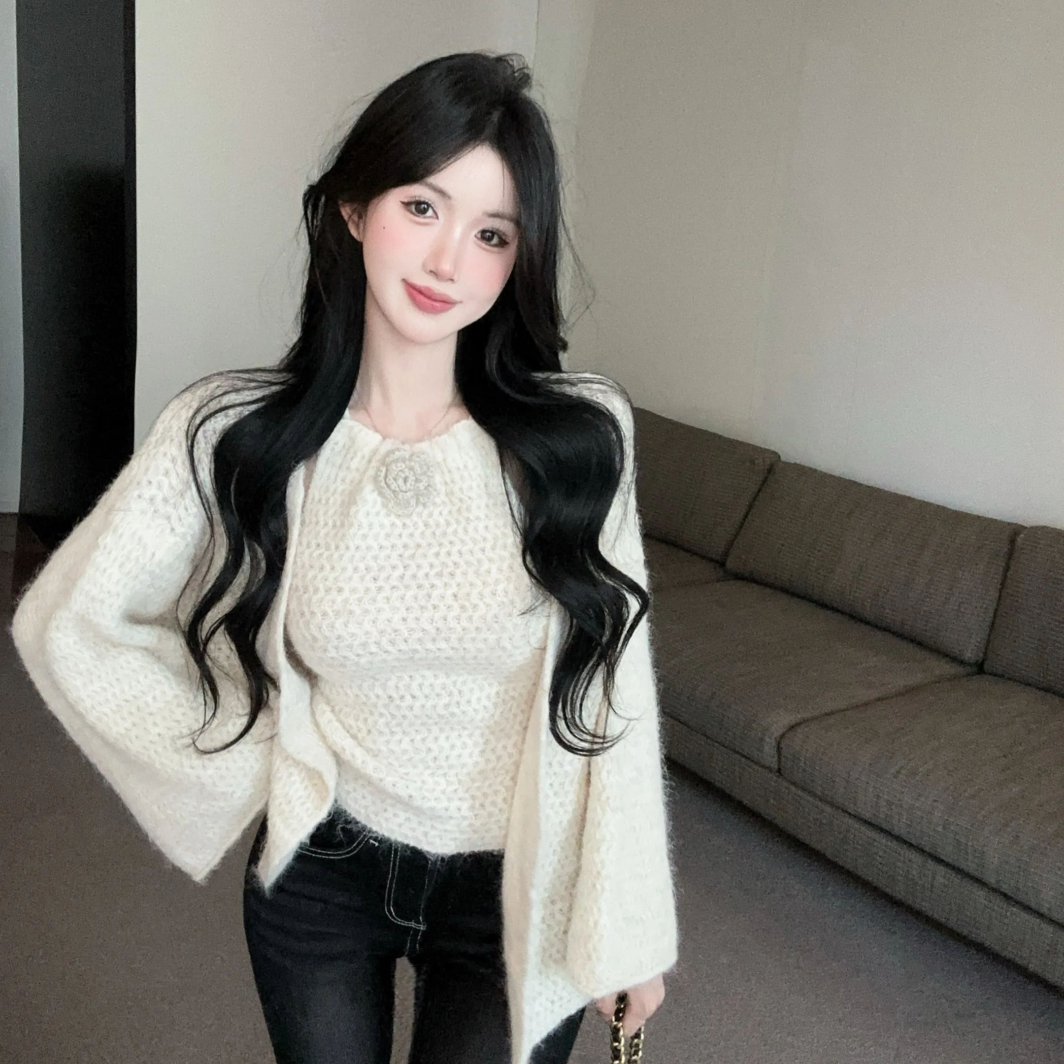 المرأة فضفاضة طويلة Sve محبوك سترة مجموعة مع 3D زهرة Ne تصميم الخريف الشتاء Faion قطعتين فرقة لباس غير رسمي