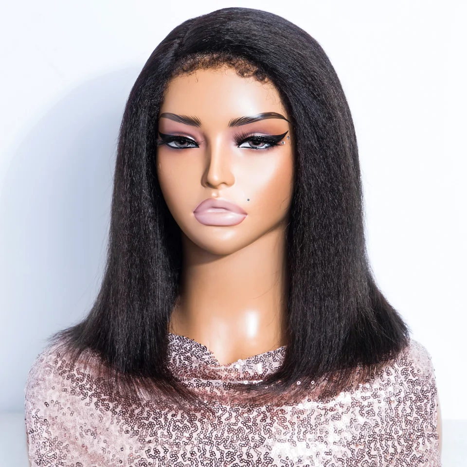 Sleek 14 Inch Short Human Hair Wigs For Women Yaki Straight Remy Brazilian Hair Lace Wigs Short Glueless Left Side Lace Wigs