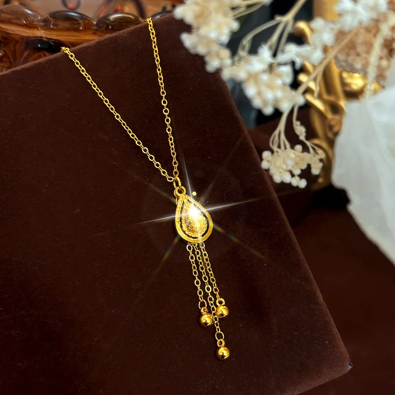 9999 24K Real Gold Light Luxury Niche Design Sparkling CNC Hollow Dragon Scale Droplet Tassel Collarbone Necklace