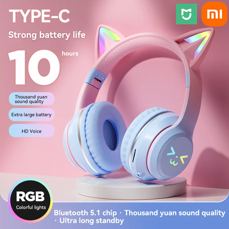 Xiaomi MIJIA Gradient wireless Headphones RGB cute cat ear Bluetooth Earphones with microphone Stereo Music Game Earphone