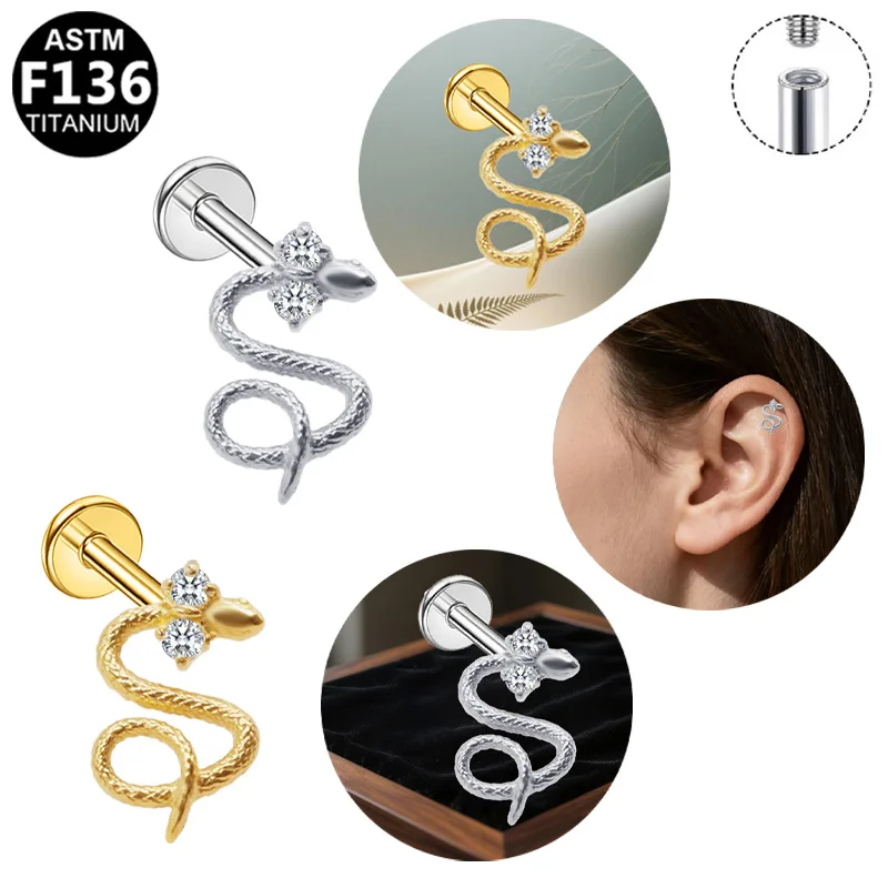 ASTM F136 Titanium Internally Threaded Labret Studs, Textured Coiled Snake CZ Cartilage Earrings, Gothic Serpent Helix Tragus Pi