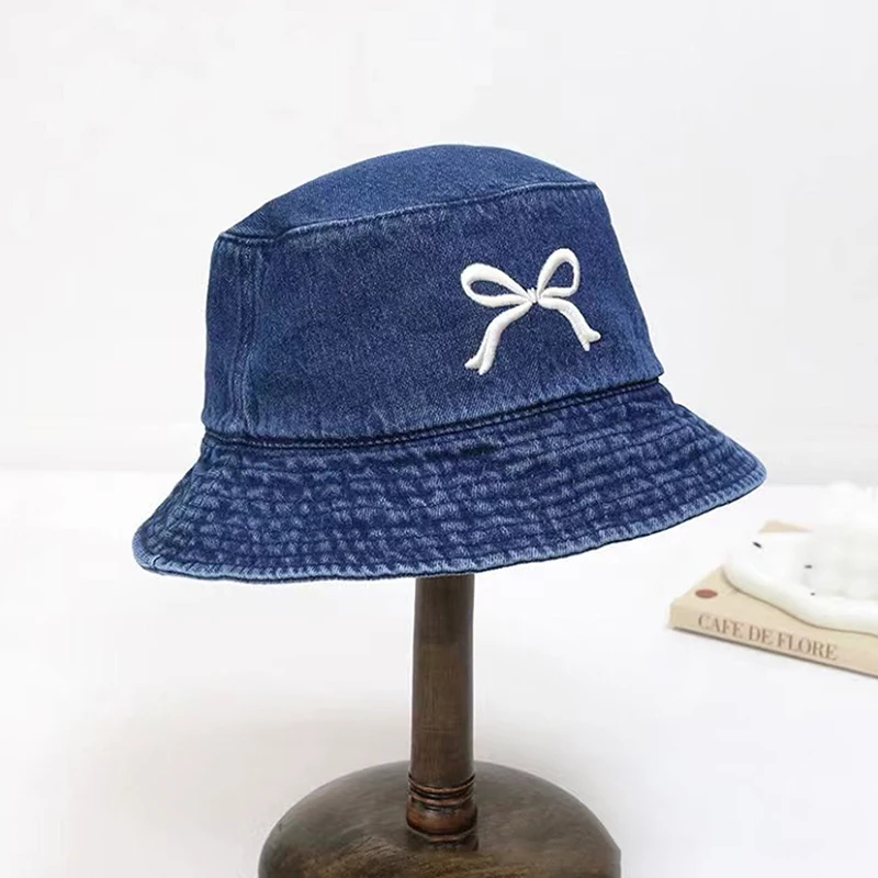 New Embroidery Butterfly Cotton Denim Bucket Hat For Women Outdoor Sunshade Fisherman Hat For Students Sun Cap Gift