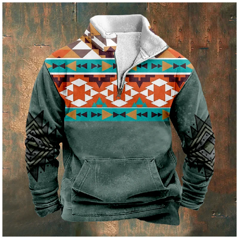 

New Christmas Cotton Jacket Hooded Sweater Casual Print Men's Long Sleeve Standing Neck Half Zip Sweater Inner Cut a34