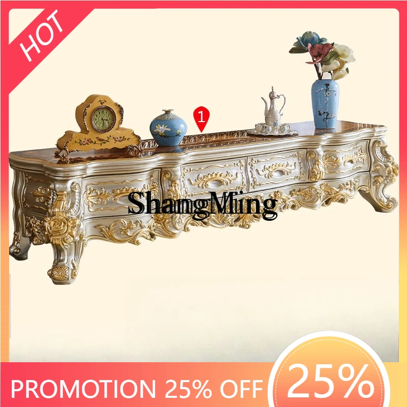 FG good-looking solid wood TV cabinet, villa large-sized water-based paint engraved gold-painted TV living room drawer cabinet
