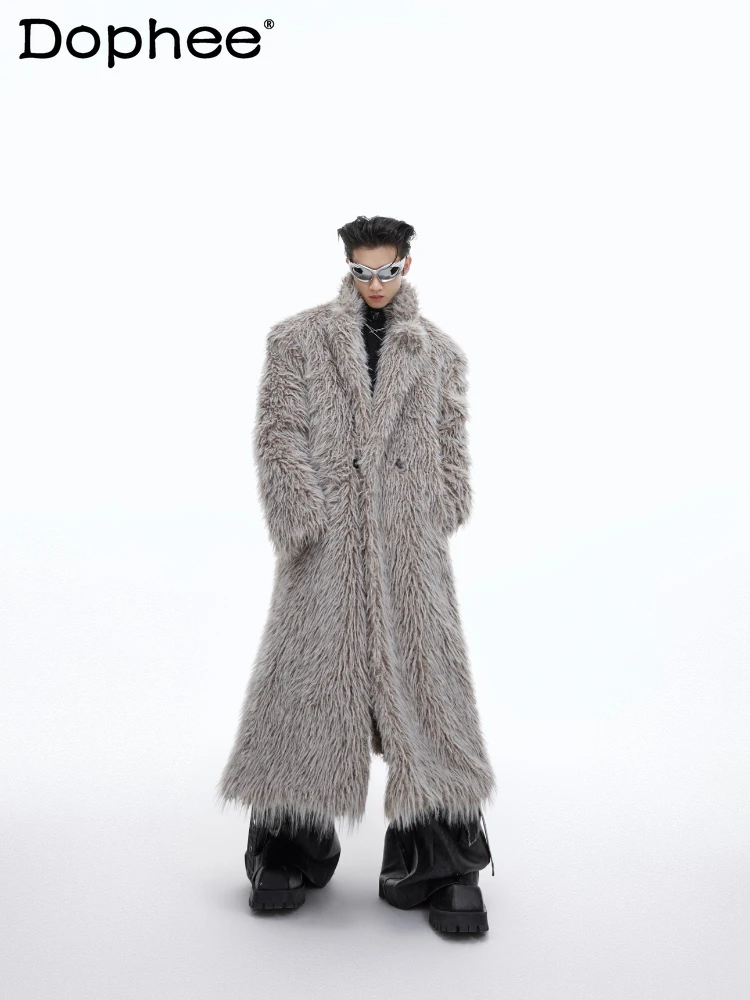 

Men's Light Luxury Simple Long-over-knee Plush Trench Coats Imitation Mink Faux Fur Solid Color Long-sleeve Chic Fur Coat Jacket