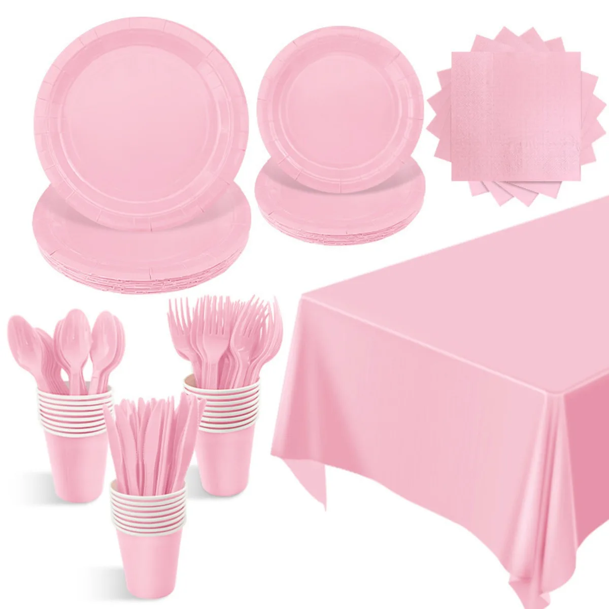 

Solid Pink Sets Birthday Girls Decorations Party Disposable Tableware Paper Napkins Cups Plates Tablecloths for Wedding Picnic