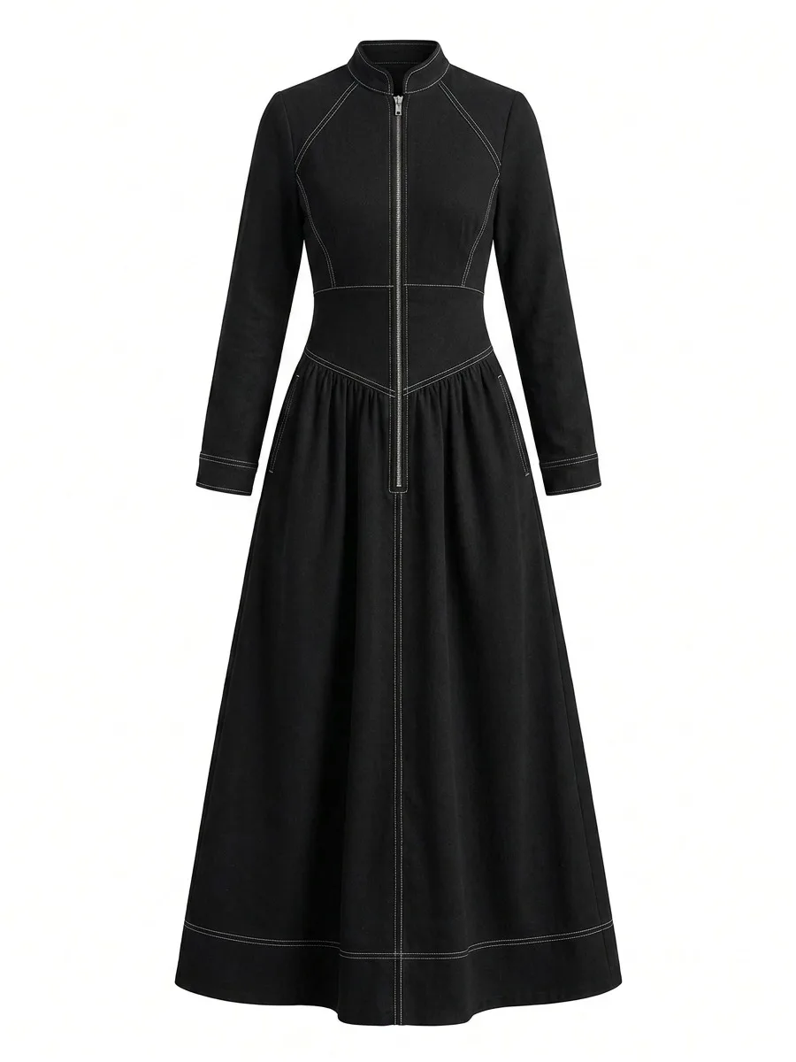 Freeacy Women Stylish Maxi Dress Stand Collar Zipper Long Sleeve A‑Line Long Dress 2026 Autumn Elegant Ladies Dresses