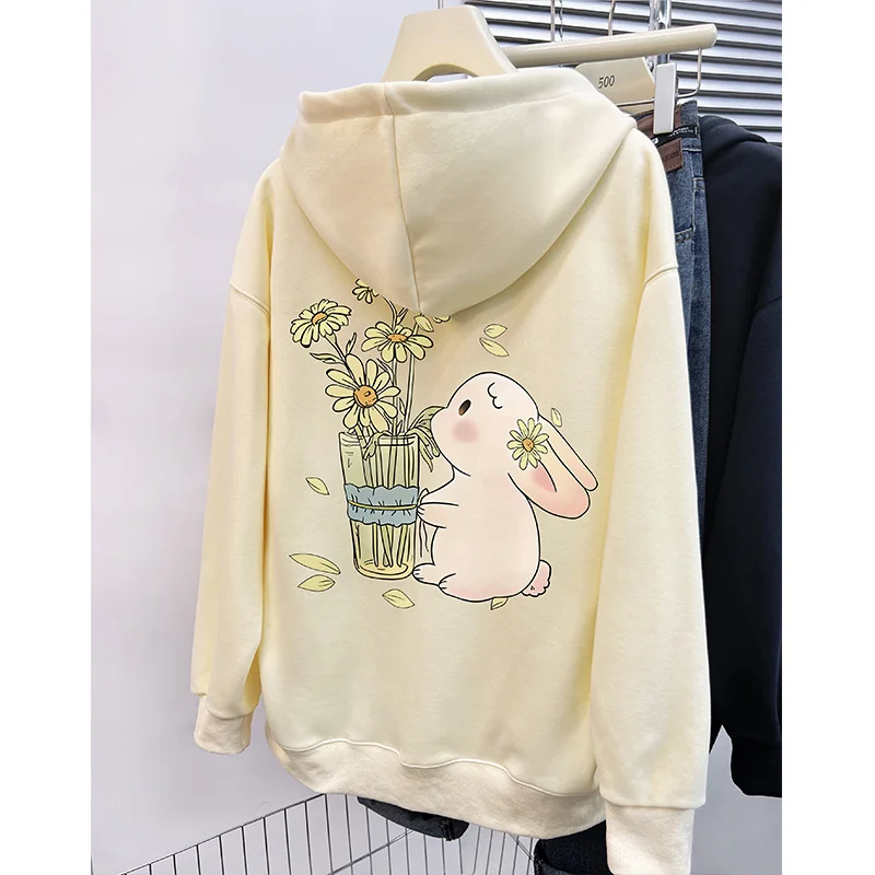 Women's Hoodies Thick Velvet Sweatshirts Korean Girls Oversize Zip Cardigans Black Beige Bottom Cute Rabbit Print Hooded Tops