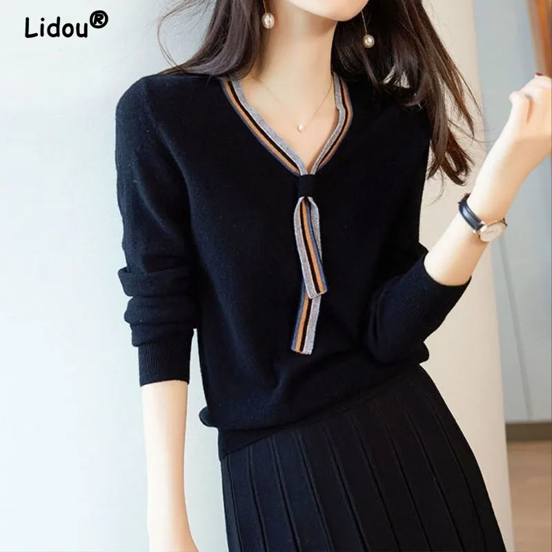 Women's Casual Knitted Pullovers, Elegant Sweater, Monochromatic Design, Office Lady, Commute All-Match Blouses, New Fashion,