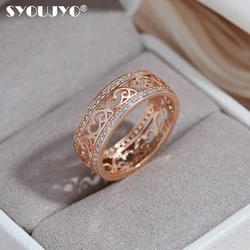 SYOUJYO Vintage Openwork 585 Rose Gold Color Women's Ring Exquisite Fashion Jewelry Natural Zirconia Full Pave Setting Ring