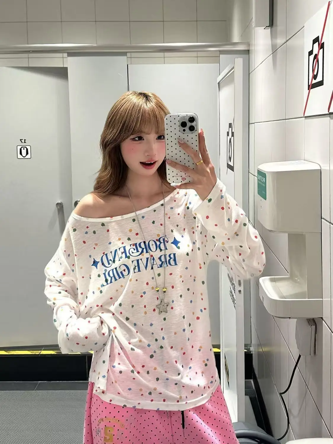 

Y2k American Colorful Retro Polka Dot Off-the-Shoulder Long-Sleeve T-Shirt Summer Loose Sun-Protective Cover-Up Lightweight Top
