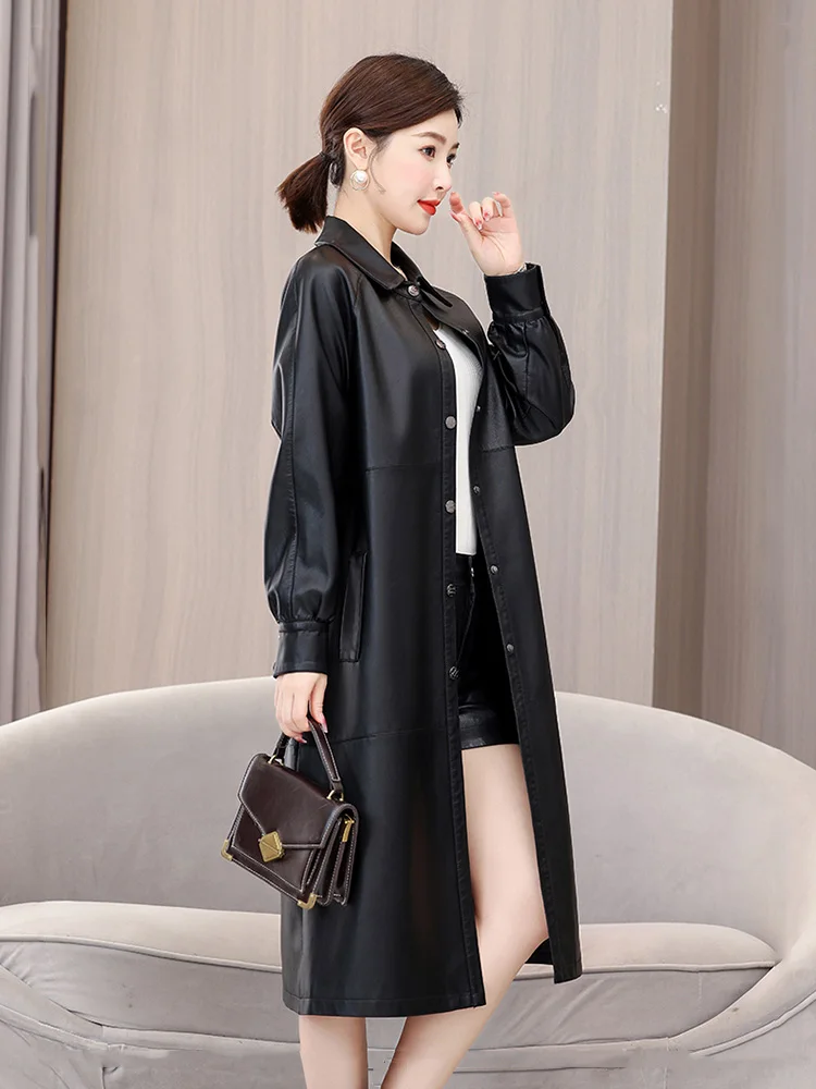 New Women Long Leather Coat Autumn Winter Fashion Turn-down Collar Single Breasted Casual Loose Split Leather Trench Coat