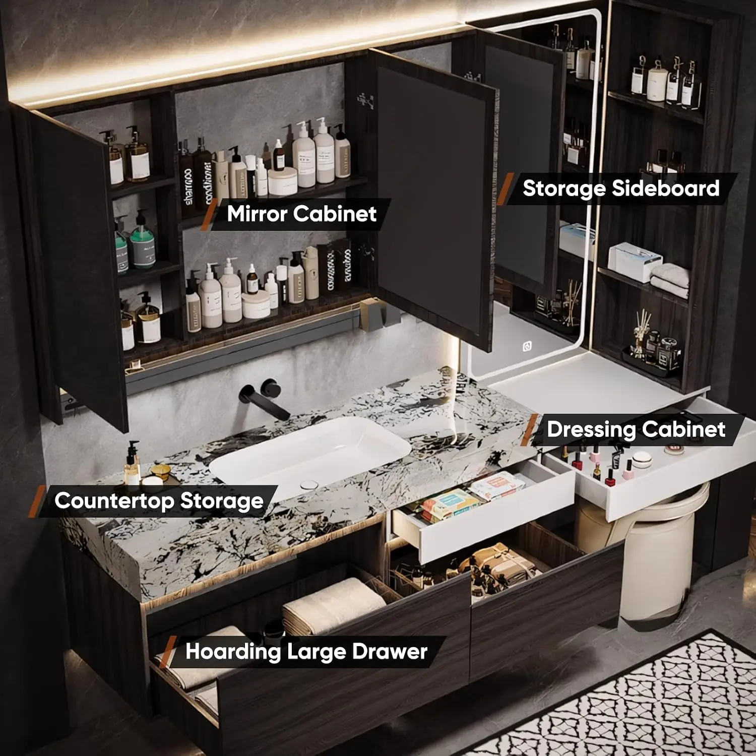 Floating Modern Bathroom Vanity Set Includes & LED Smart Defog Mirror Cabinet & Multi-Function Shelf and Makeup Dressing Table,