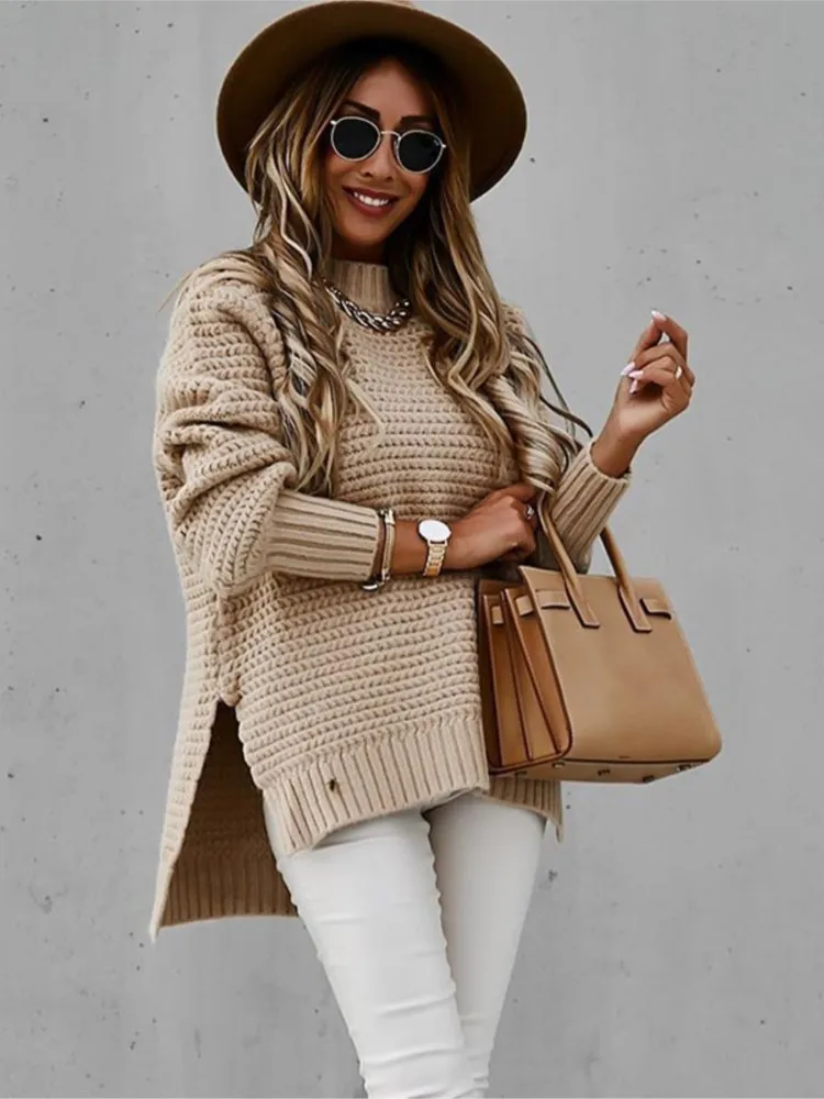 

Winter Clothes Woman Pulls Femmes Half Turtleneck Loose Solid Color Long Sleeve Side Slit Knitted Sweater Simple Style All-match