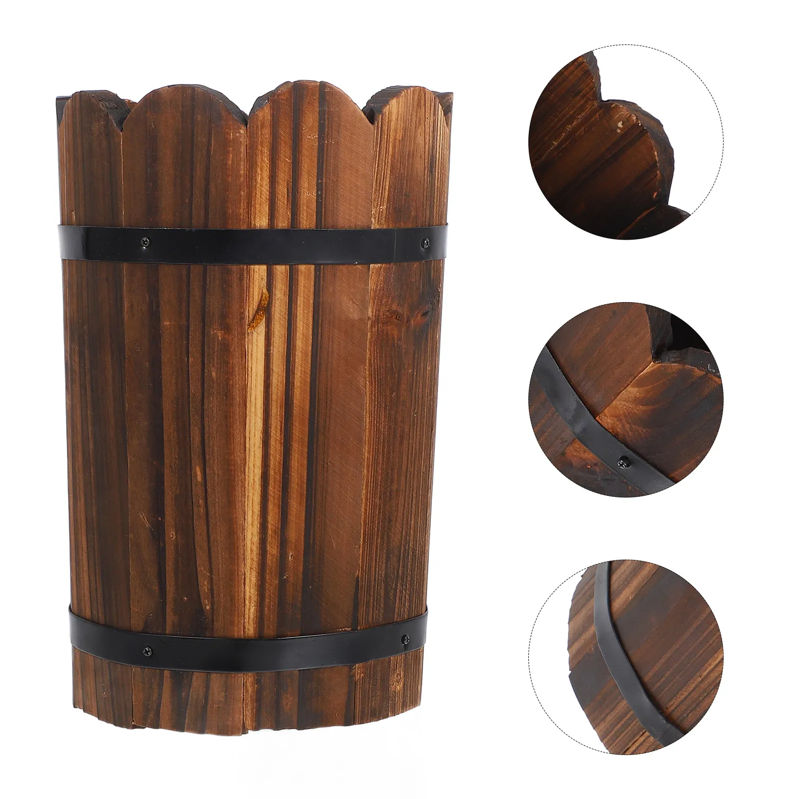 Wooden Whiskey Barrel Planter Round Rustic Carbonized Wood Flower Bucket Indoor Outdoor Succulent Boxes Garden Decor