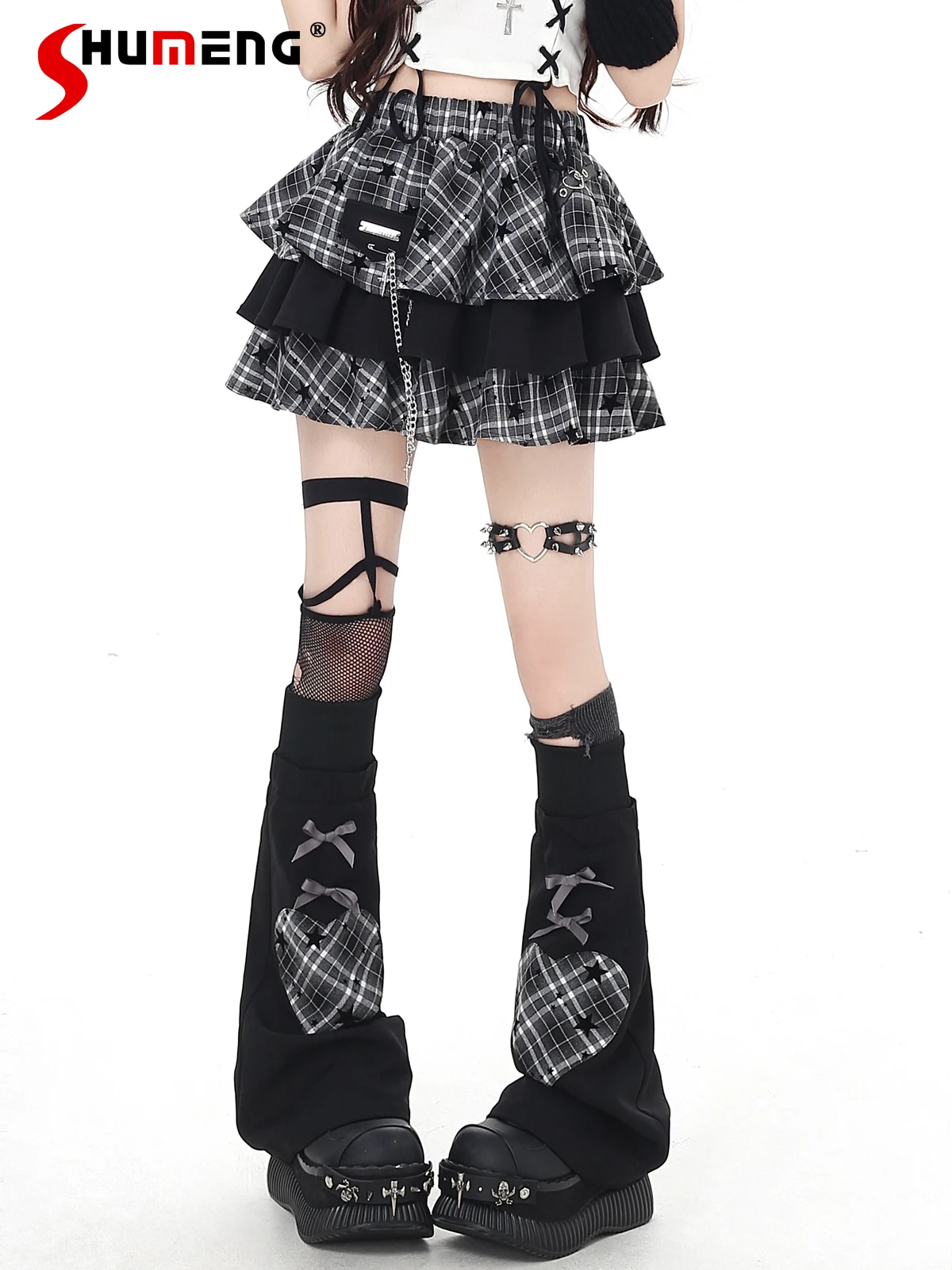 

Оригинальные японские милые крутые юбки Y2K для тяжелой промышленности с гетрами, эластичная мини-юбка в клетку со звездами и высокой талией для женщин