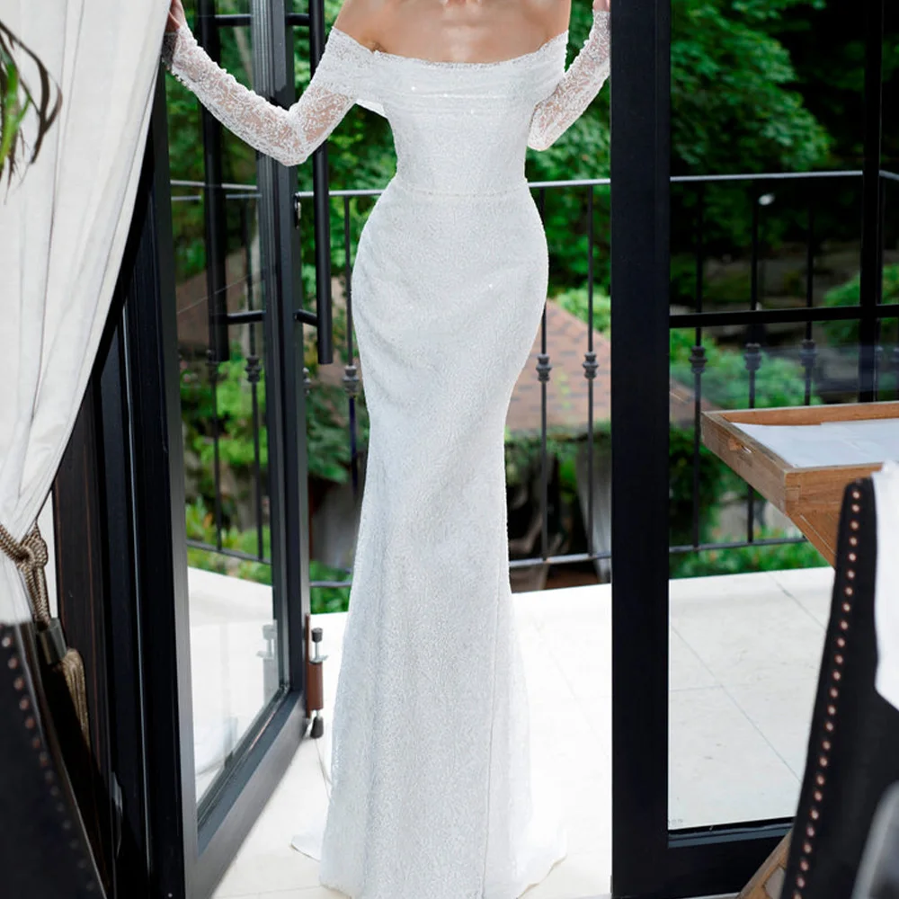 CustomizedExquisite Appliques Lace Sequined Off the Shoulder Organza Wedding Dresses Elegant Straight Floor Length Boat Neck Lon