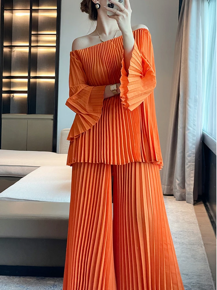 GVUW Fashion Pleated 2 Pieces Set Flare Sleeve Loose Top + Wide Leg Trousers New 2024 Solid Color Casual Clothing 17G5683