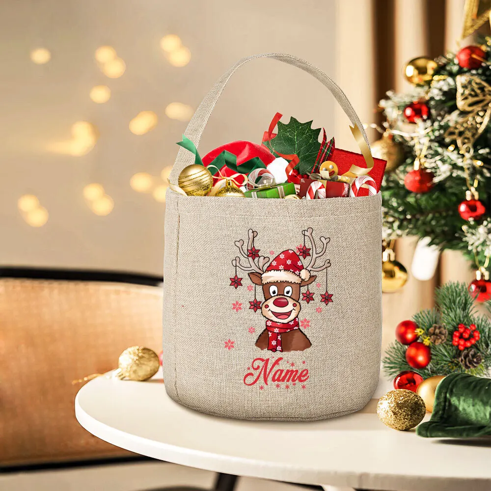 Personalized Deer with Name Christmas Sack Bag Child Xmas Toy Sack Bucket Tote Elaborate Handbags Christmas Gift Bags for Kids