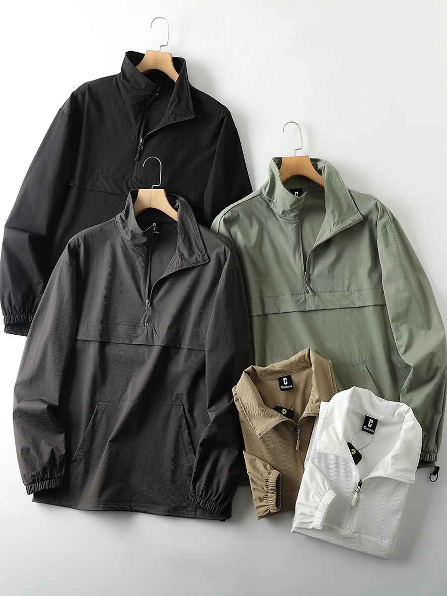 

Мужская повседневная куртка для активного отдыха с молнией, воротником-стойкой, эластичная, быстросохнущая, дышащая, из легкой текстурированной ткани, весна-лето