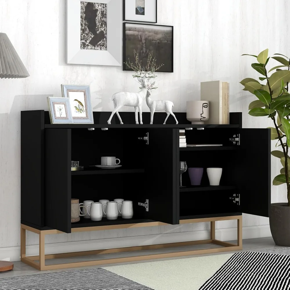 خزانة تخزين جانبية حديثة مع أبواب وقاعدة معدنية، خزانة بوفيه خشبية للمطبخ مع أرفف قابلة للتعديل لـ Sma