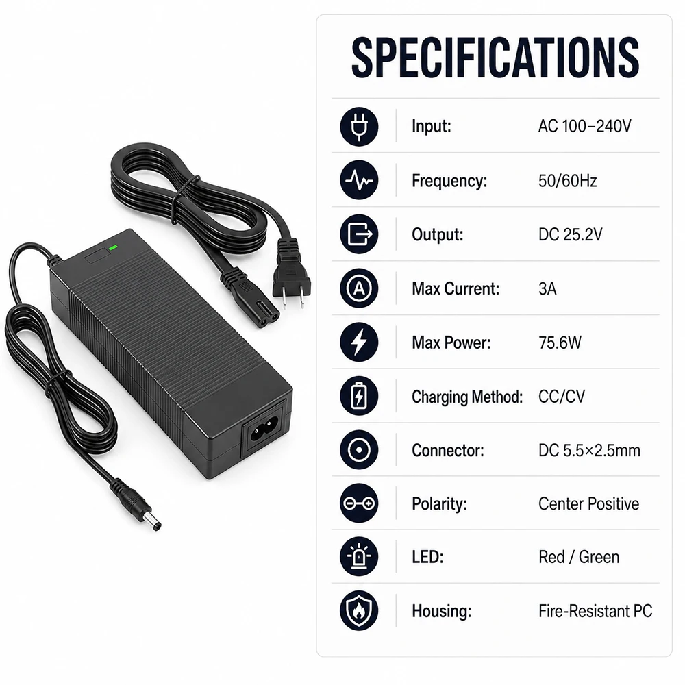 25.2V 3A Fast Charging Li-ion Charger Adapter with Multi-Level Protections 100-240V Input Rechargeable Lithium Battery Pack