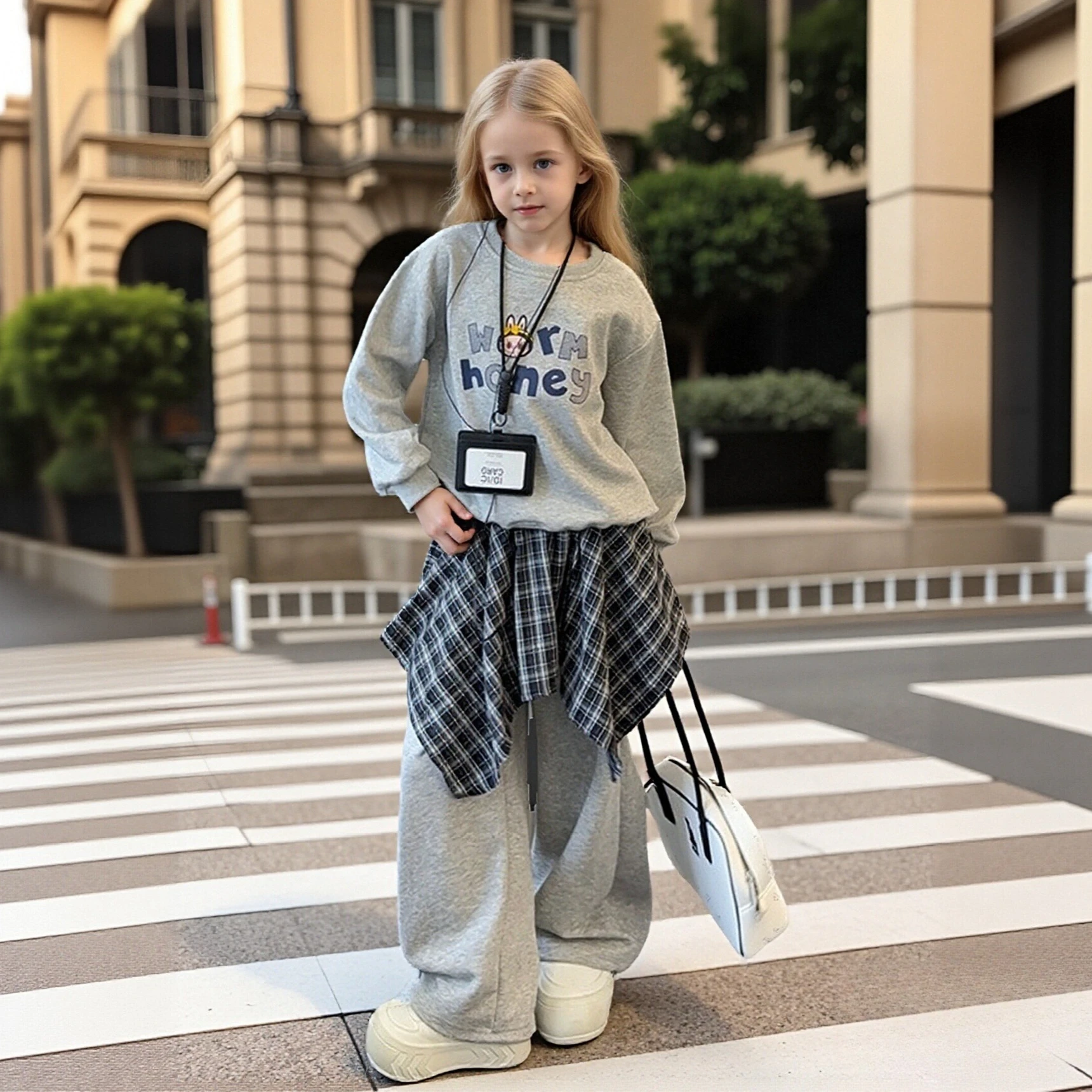 

2026 Girls Autumn Outfits Set Stylish Graphic Sweatshirt Casual Pants with Plaid Skirt 2pcs Trendy Teen School Children Costumes