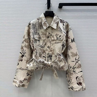 2025 New Autumn Vintage Beige Denim Jacket Women Floral Print Lapel Long Sleeve Buttons Pockets Belt Streetwear Loose Short Coat