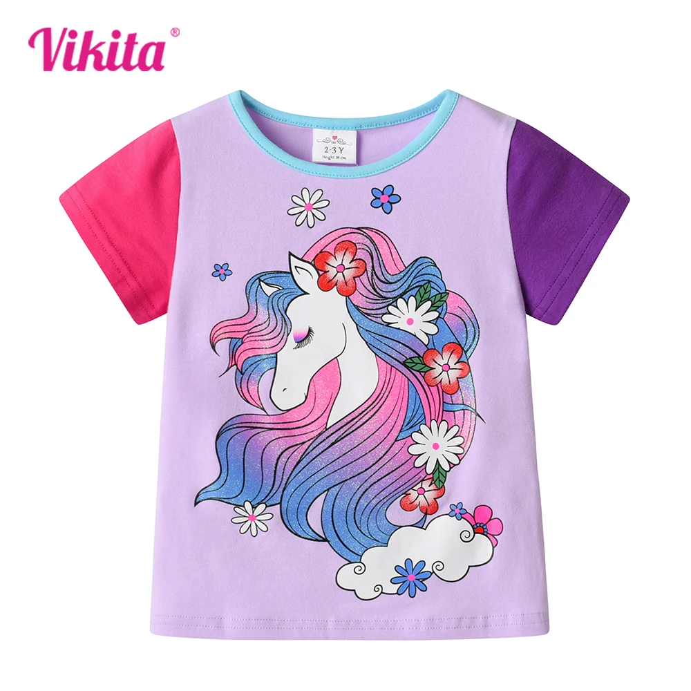 

VIKITA Girls Unicorn Flower Print Cartoon T Shirt Kids O Neck Short Sleeve Cotton Casual Daily School Tops and Tees Kids Clothes