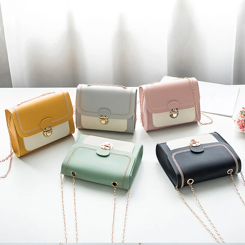 Summer Chain PU Leather Ladies Messenger Bag Stitching Women Shoulder Crossbody Bag Female Small Square Bag Clutch Bags Handbags