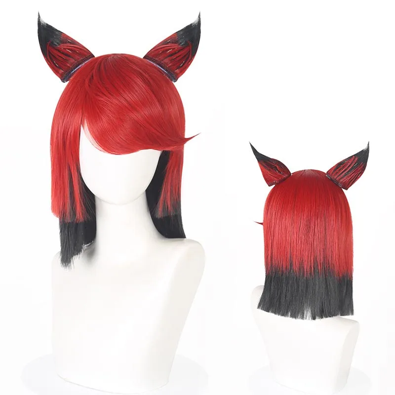 Anime Alastor Cosplay Wig Short Red Black Heat Resistant Synthetic Hair with Ears Halloween Stage Carnival Prop