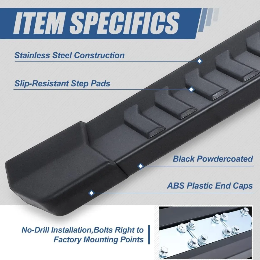 لوحات تشغيل بخطوات جانبية مقاس 6 بوصات مع دعامات تثبيت للوصول إلى شاحنة شديدة التحمل من الفولاذ المقاوم للصدأ مطلية بمسحوق أسود Nerf B