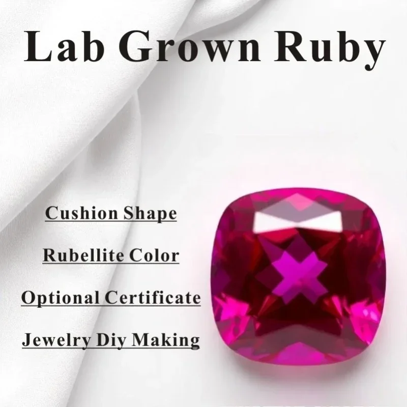 

Рубелитовый цвет, выращенный в лаборатории, рубиновая подушка, форма VVS1, подвески для изготовления ювелирных изделий, кольцо «сделай сам», ожерелье, серьги, сертификат основных материалов