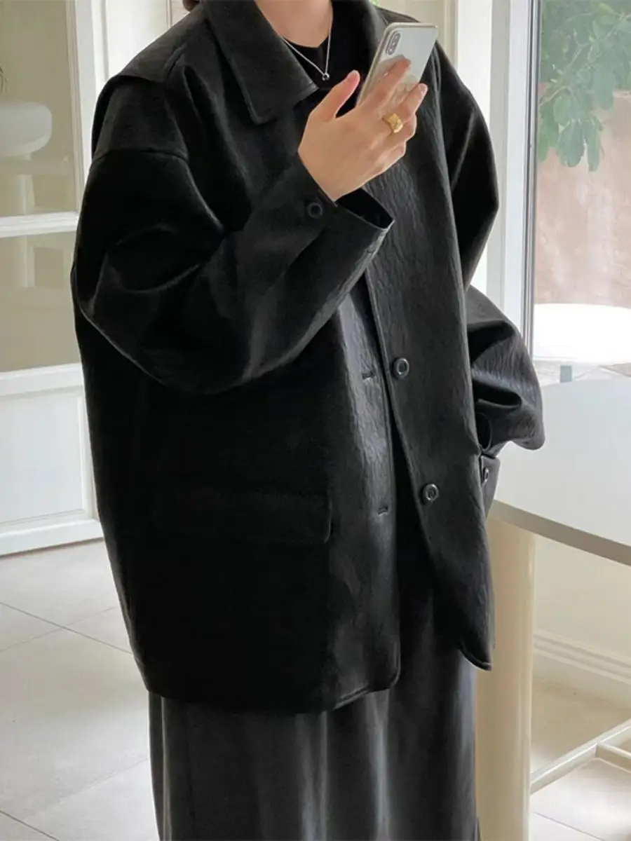 

Весна-Осень 2025 East Gate EST Ретро повседневная свободная кожаная куртка с воротником на одной пуговице, женская, с длинными рукавами, из других материалов