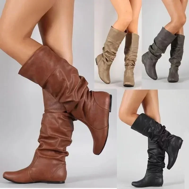 Kobiety Kolano Wysokie Buty Jesień Zima Buty Damskie Moda Wsuwane Fałdy Niski Obcas Okrągłe Palce Płaskie Długie Buty Botas De Mujer