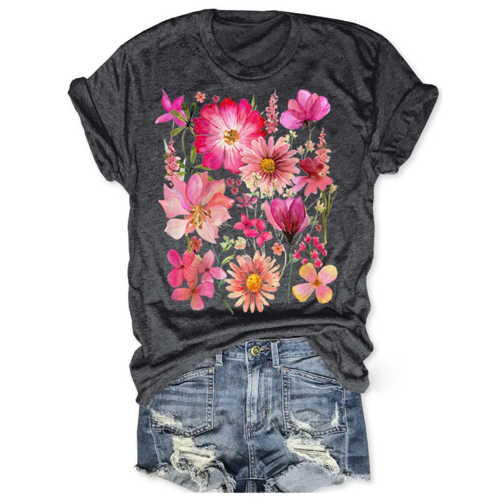 Rheaclots Women's Vintage Pressed Flowers Printed Tees Tops