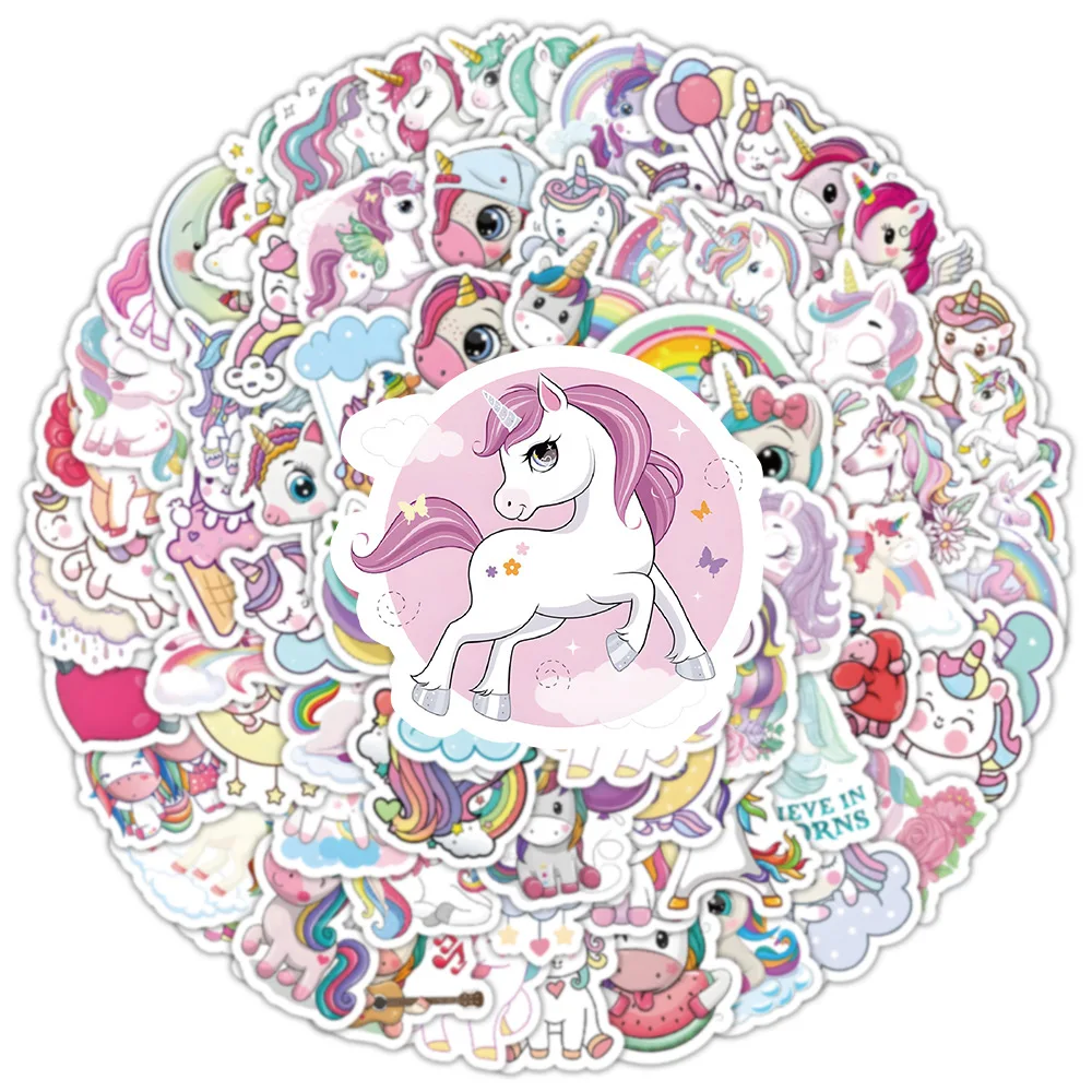 100Pcs Cute Unicorn Stickers Rainbow Cartoon Waterproof Vinyl Decals for Water Bottle Laptop Kids DIY Decor