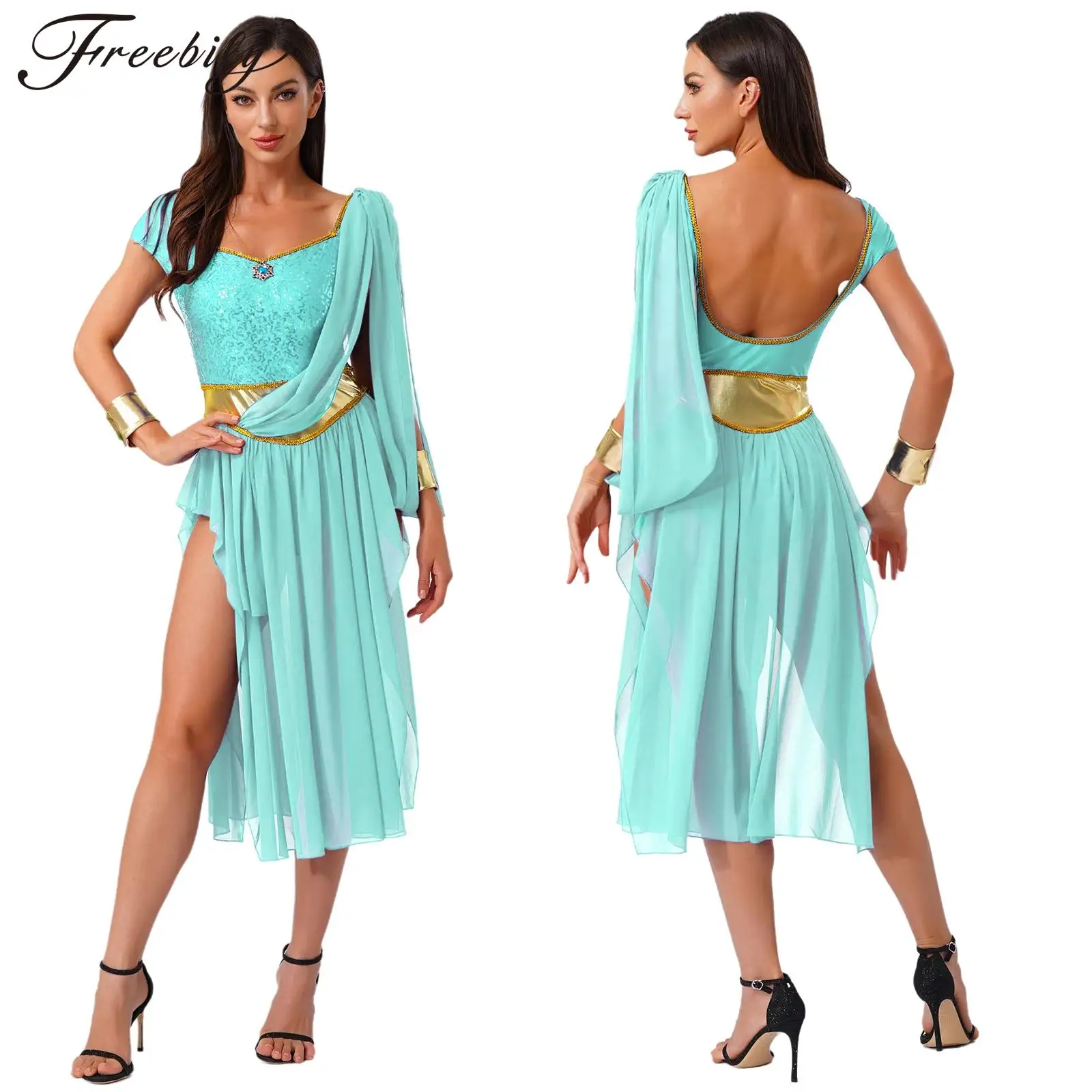 

Women Halloween Arab Princess Goddesses Cosplay Costume Sleeveless Shiny Sequin Drape Cape Leotard Dress Belly Dance Clothes