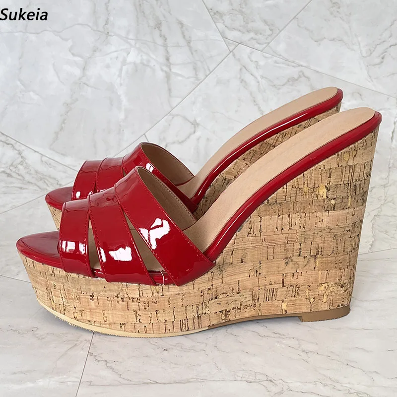 

Sukeia Handmade Women Platform Mules Sandals Slip On Wedges High Heels Round Toe Pretty Red Party Shoes Ladies US Plus Size 5-20