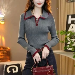 Zipper Lapel Knit Sweater Women Autumn Winter Pullover 2026 New Color Blocked Long Sleeved Slim Knit Top Female Bottoming Shirt