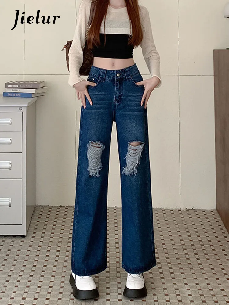 

Jielur Vintage Blue Ripped Jeans Women Korean New Autumn Denim Casual Pants High Waist Loose Wide Leg Flare Jeans Woman S-XL