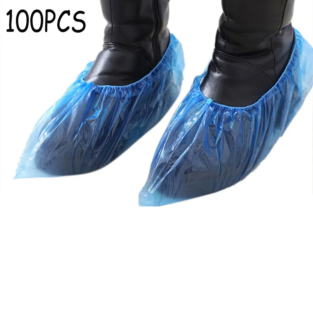 

100pcs Plastic Shoe Cover Disposable Waterproof Dustproof Thickened Plastic Cleaning Overshoes One Size Foot Cover For Home