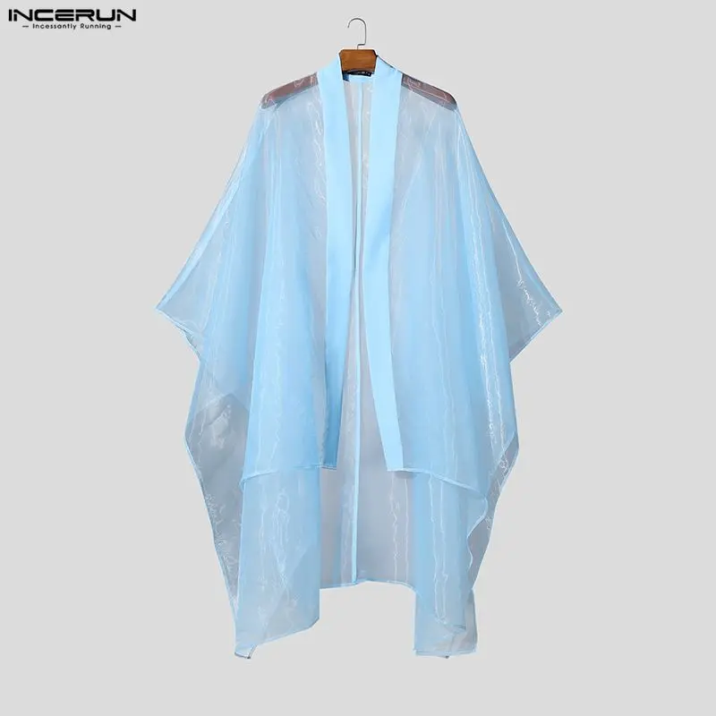 

Мужская рубашка INCERUN с асимметричным кроем, сетчатыми вставками, открытой строчкой, длинными рукавами, кардиган, уличная мода, повседневный стиль, удлиненная модель