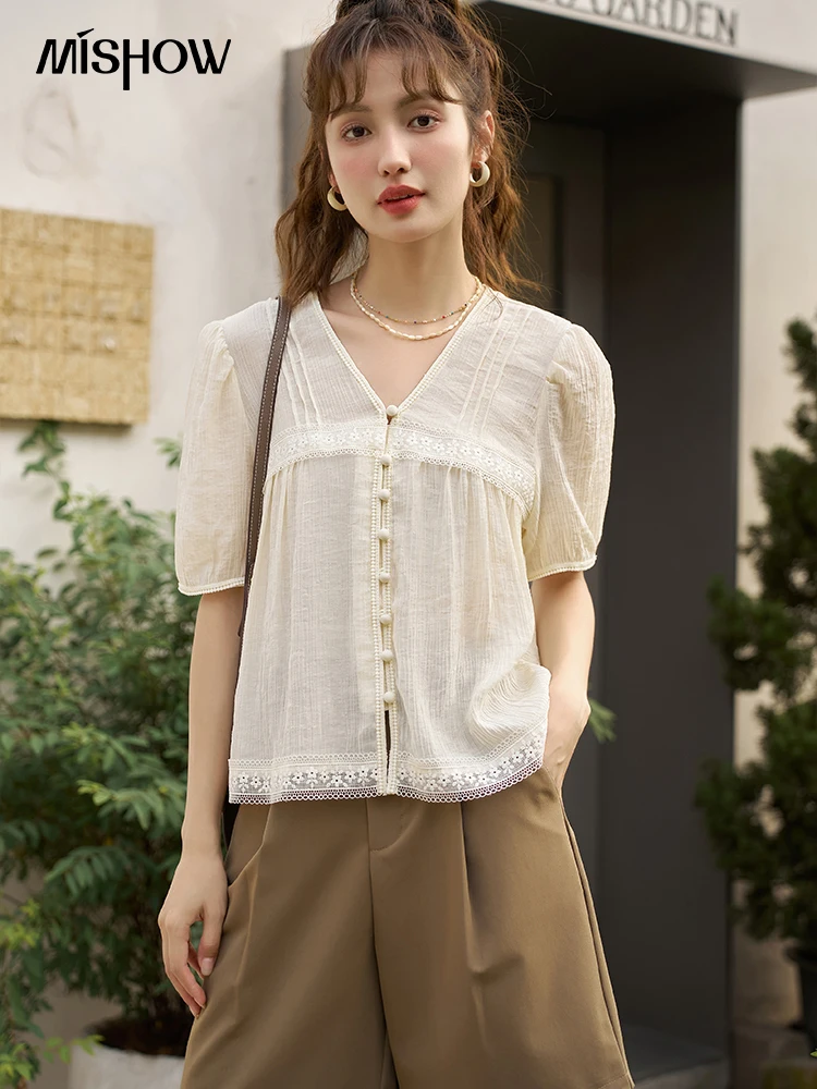 MISHOW Blouses for Women 2023 Summer French V-neck Lace Sweet Female Elegant Fashion Single Breasted Short Sleeve Top MXC35X0060